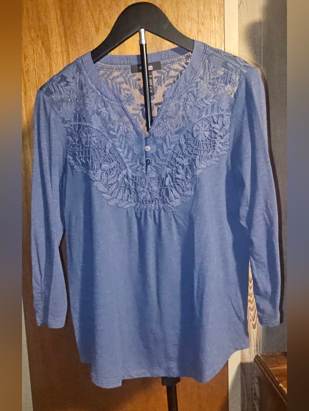 Style & Co. Blue Lace Yoke Long Sleeve Petite Top